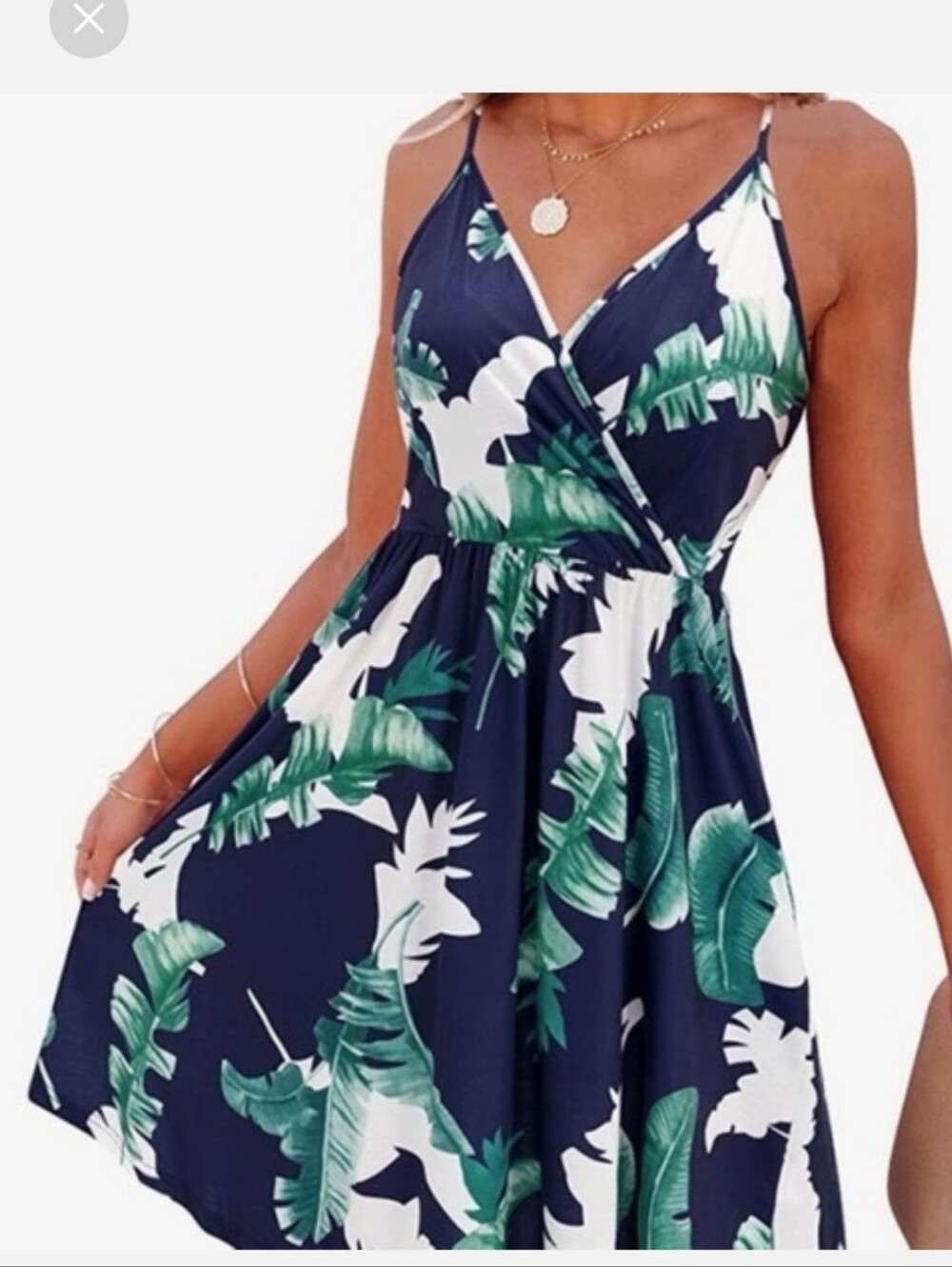 VOTEPRETTY Navy Tropical Leaf  Midi SunDress